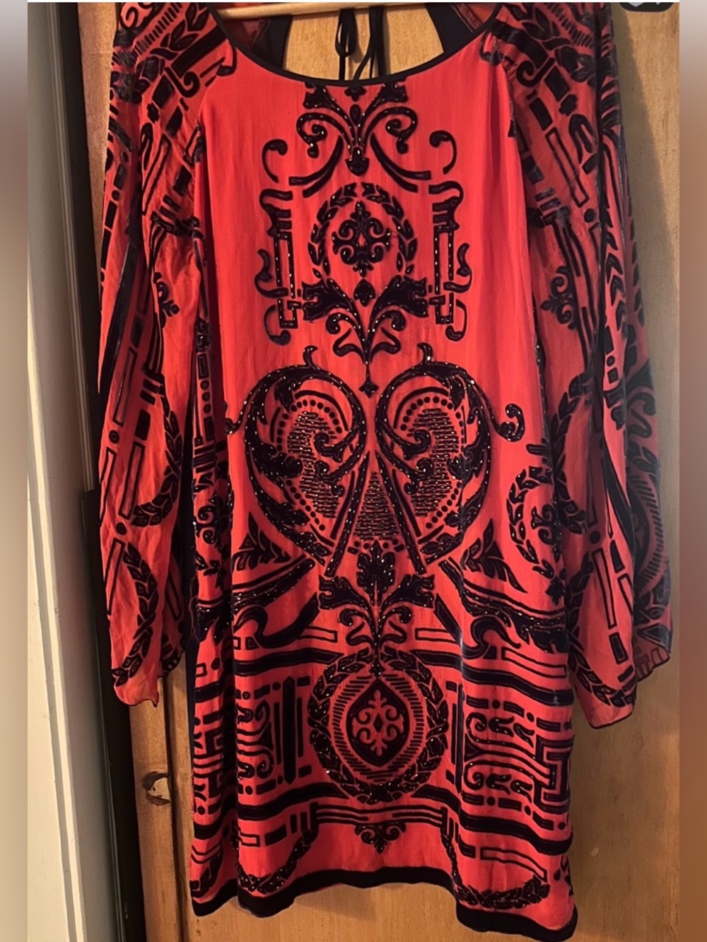 HALE BOB Rare Dress Burnout Silk Blue Velvet & Red Silk w/Gorgeous Beading (M)